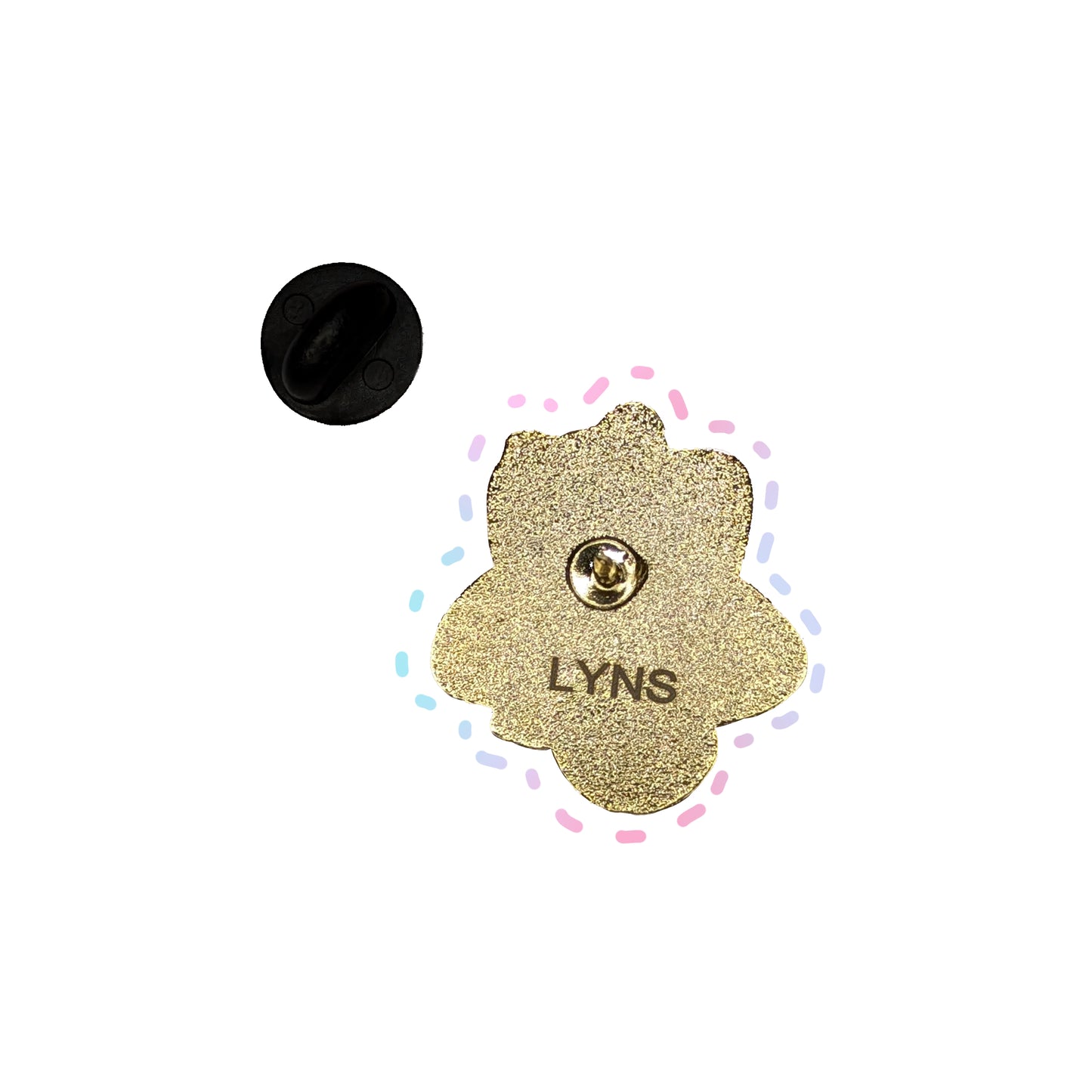 Backside of enamel pin with 'LYNS' branding on a white background