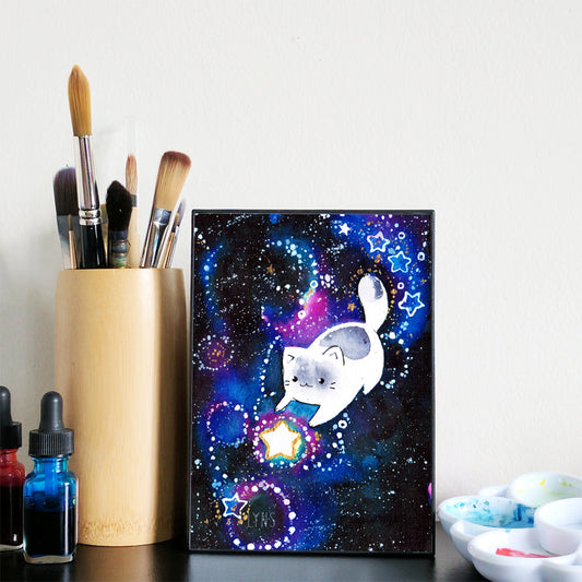 Cosmic Galaxy Watercolor Constellation Cat 5x7 Matte Art Print